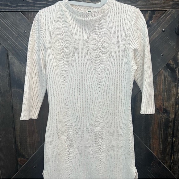 Codigo USA Vintage Dress L Cream 3/4 Sleeve Bodycon Stretch Eyelet Crochet Look - Picture 13 of 14